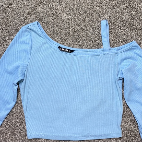 SHEIN Asymmetrical Neck Rib-Knit Baby Blue Top - Picture 2 of 8